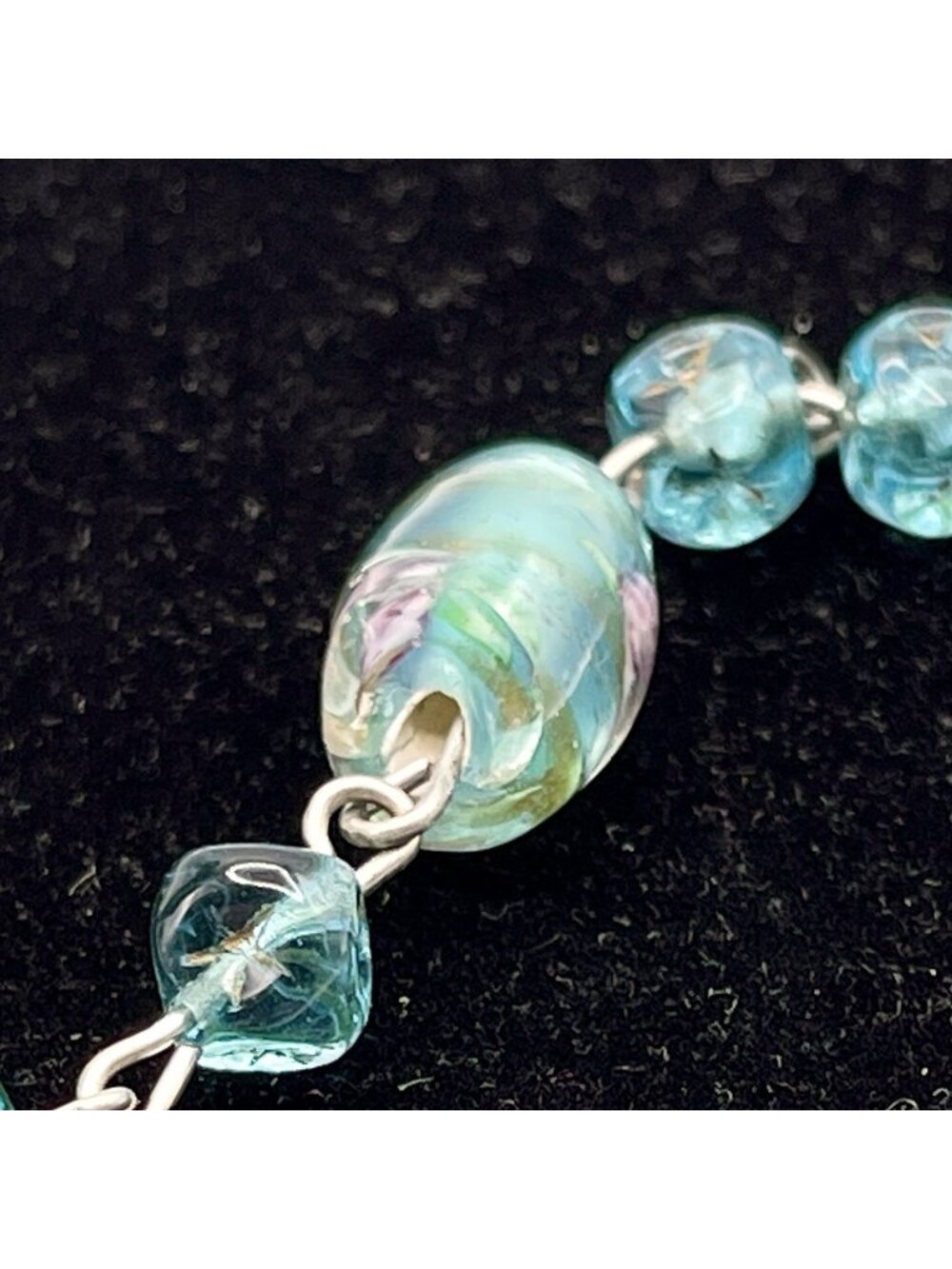 Handmade Glass Bead Lavalier Necklace Teal Gold Pink Rose Sterling Vintage 1950s - Picture 13 of 13